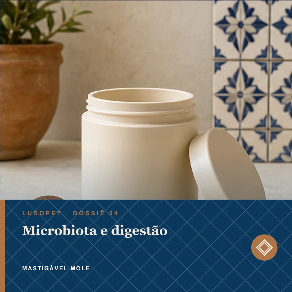 Microbiota e digestão em mastigável mole, conceito de suplemento para marca própria Lusopet