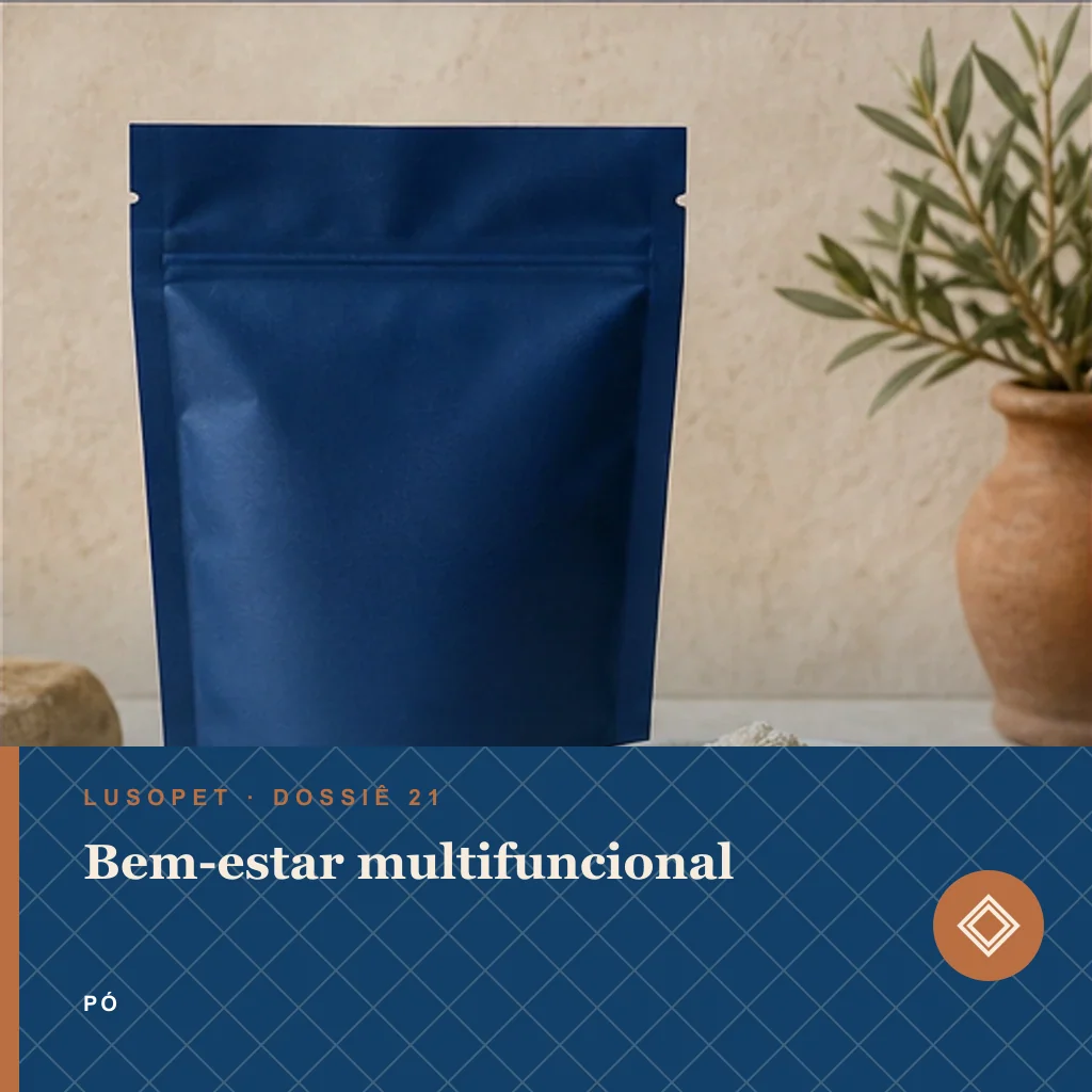 Bem-estar multifuncional em pó, conceito de suplemento para marca própria Lusopet